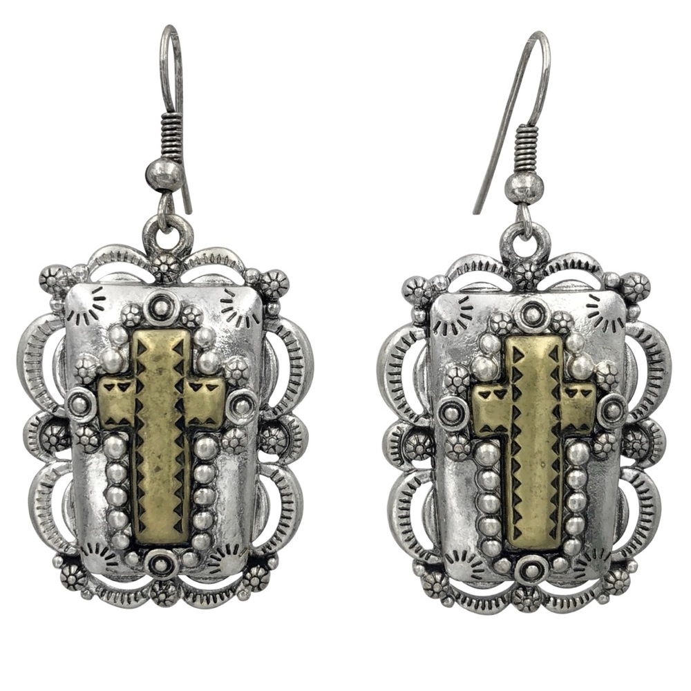Rustic Style Silver & Gold Tone Christian Cross Western Dangle Earrings